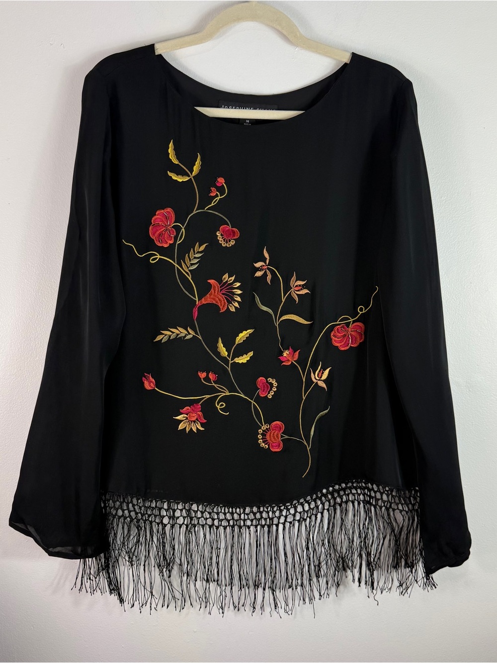 Josephine Chaus Black Silk Chiffon Embroidered Floral Fringe Blouse 16 Sheer